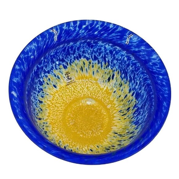 Skruf Sweden Vintage Handblown Confetti Blue and Yellow Glass Artisan Bowl - Picture 4 of 9